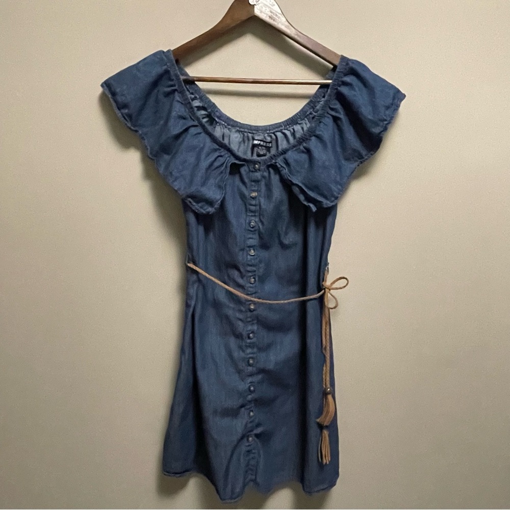 Impress Off Shoulder Denim Jean Dress & Braided Belt Women’s XL
